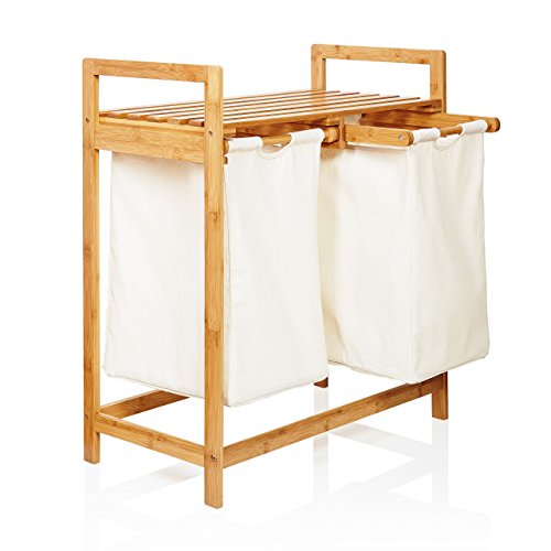 Lumaland Wäschekorb aus Bambus, 2 ausziehbaren Wäschesäcken, ca. 73 x 64 x 33 cm Beige