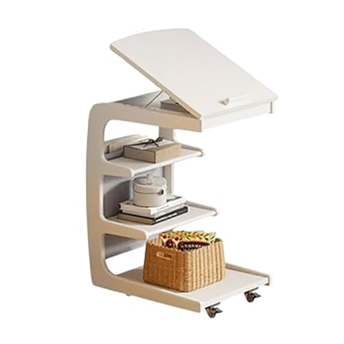 Moderner C-förmiger Tisch mit Rollen und verstellbarem Schreibtisch, kleiner Beistelltisch mit 4 Ebenen, offener Truhe, Holz, Couchtisch für Wohnzimmer oder Schlafzimmer, Weiß, 40 cm