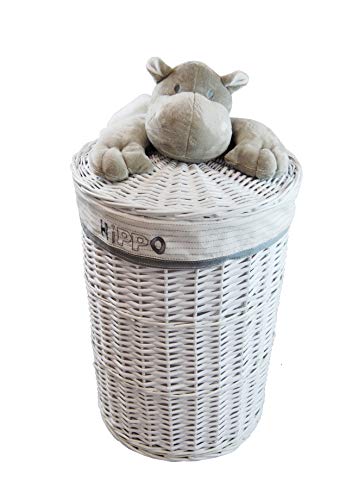 dvier Wäschekorb Wäschetruhe Weide weiß grau Plüschtier Hippo, D. 32cm H.48cm