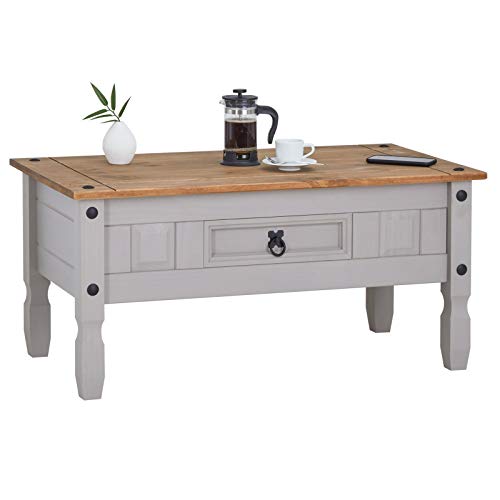 CARO-Möbel Couchtisch Ramon im Mexiko-Stil Wohnzimmertisch Beistelltisch Kiefer massiv, grau/braun lackiert mit 1 Schublade