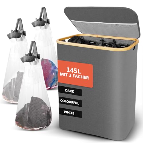 SOUTHGATE 145L Wäschekorb 3 Fächer mit Deckel, Faltbare Wäschesammler mit herausnehmbaren Wäschesack, XXL Wäschesortierer, Laundry Basket 3 Compartments, Wäschebox, Wäschetonne, Wasserdicht, Grau