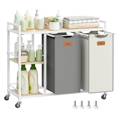 VASAGLE Wäschekorb 2 Fächer, Wäschesammler 100 L, Wäschesortierer, Rollen, Wäschewagen mit Ablagen, Wäschesack, mit abnehmbaren Taschen, 6 Etiketten, naturbeige-taubengrau-cre meweiß BLH311G01