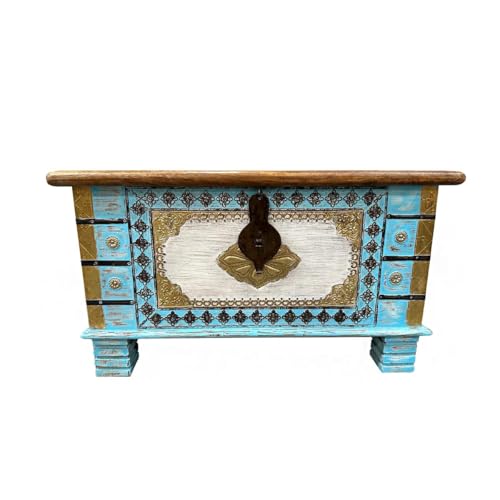Oriental Galerie Shabby Chic Holztruhe mit Messingbeschlag Schatztruhe Truhe Kiste Box Holz Indien Massiv Antik-Optik Türkis 80cm