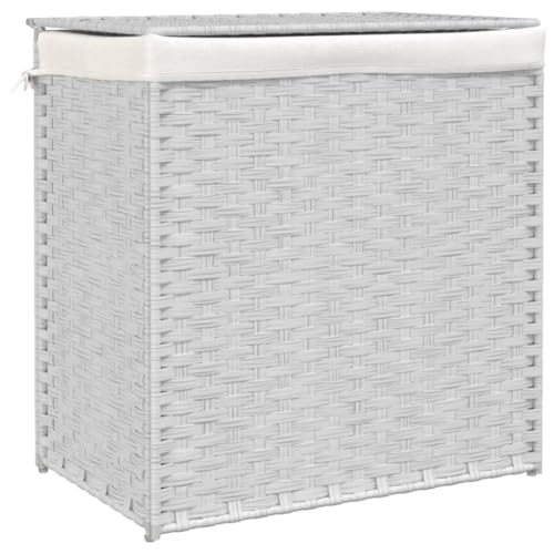 vidaXL Wäschekorb, Wäschesammler mit 2 Fächern, Klappbar Wäschebox mit Innentasche Deckel, Wäschetruhe Wäschetonne, Weiß 53x35x57cm Poly Rattan