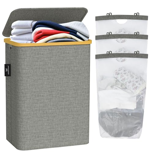 AdelDream 160L Wäschekorb mit Deckel 3 Fächer Wäschekorb Wäschesack schmal Wäschesortierer Wäschebox Wäschetonne Wäschesammler mit Deckel Wäschetruhe Wäschekörbe laundry baskets Dunkelgrau