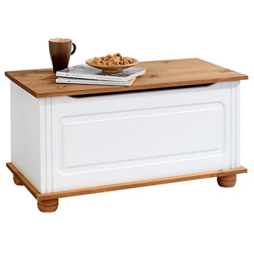 IDIMEX Sitztruhe Bristol aus Massivholz, Weiß/Braun - Truhe im Landhausstil, vielseitige Sitzbank, Kiste Massivholz mit sicherem Klemmschutz, Truhenbank ideal zur Aufbewahrung