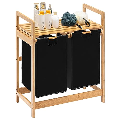 YOUDENOVA Wäschekorb aus Bambus-Gestell mit Ablagen Wäschesammler mit 2 Ausziehbaren Wäschesäcken für Schlafzimmer Bad oder Waschküche 73x64x33cm Schwarz