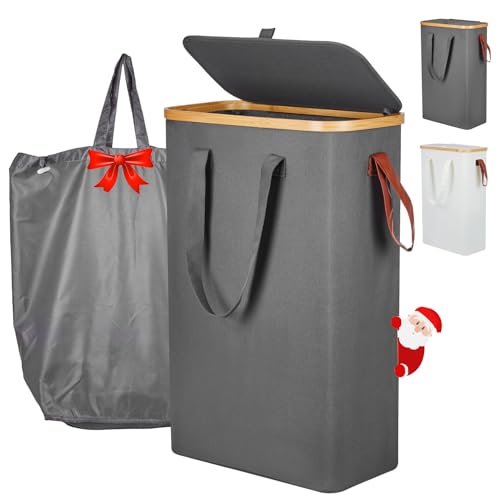 Yamagahome 52L Schmaler Wäschekorb mit Deckel, Slim Wäschesammler mit Wäschesack und 5 Gummifüße, Faltbarer Wäschetruhe aus Bambus und Wasserdichter Stoff für Apartment, Wohnheim und Wohnwagen