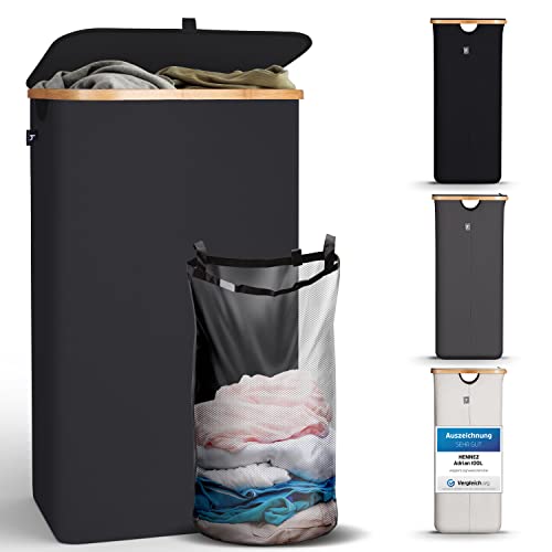 HENNEZ Wäschekorb mit Deckel – Wäschekorb mit Griff aus Bambus – Wäschekorb, faltbar, 100 l – Wäschekorb für Waschküche, Wäschekorb, Schwarz