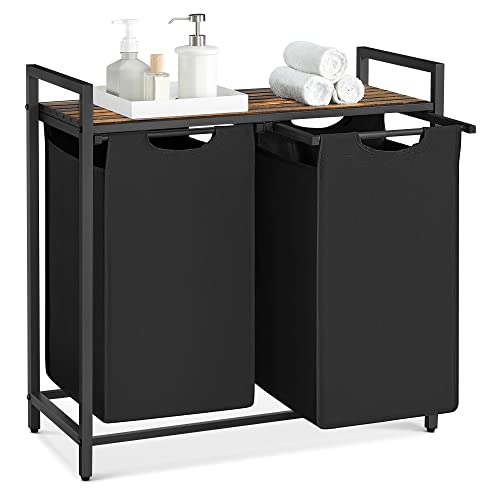 VASAGLE Wäschekorb 2 Fächer, Wäschesammler mit Ablage, Wäschebox, Wäschesack aus Oxford-Gewebe abnehmbar, Metallrahmen, 2 x 46 L, 73 x 33 x 72 cm, tintenschwarz-vintagebrau n BLH201B01