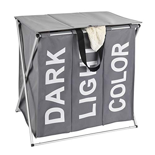 WENKO Wäschesammler Trio Top, Wäschekorb 3 Fächer mit Deckel und Tragegriffen, 118 Liter Volumen, (B x H x T): 57 x 57 x 38 cm, Grau