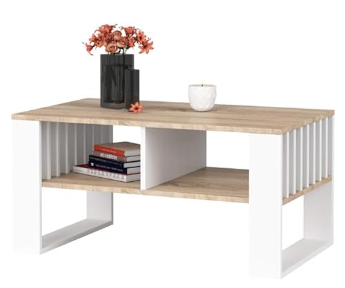 BDW - Couchtisch - Sofatisch mit offenem Regal Lamellen, Ablage - 92 x 45 x 53 cm Beistelltisch, Lowboard - Wohnzimmer, Modern - Stubentisch - Truhentisch - Holzwerkstoff (Eiche Sonoma/Weiss)