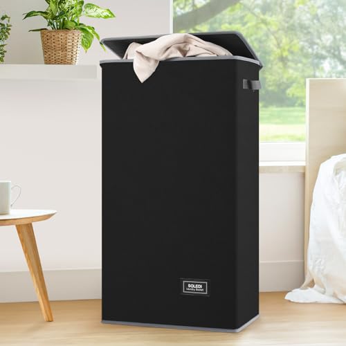 SOLEDI 100L Wäschekorb mit Deckel Schwarz und Wäschesack - Wäschesammler schmal Für Badezimmer, Schlafzimmer, Wäschekammer, Kinderzimmer, Eigentumswohnungen, laundry baskets, Faltbar Wäschebox
