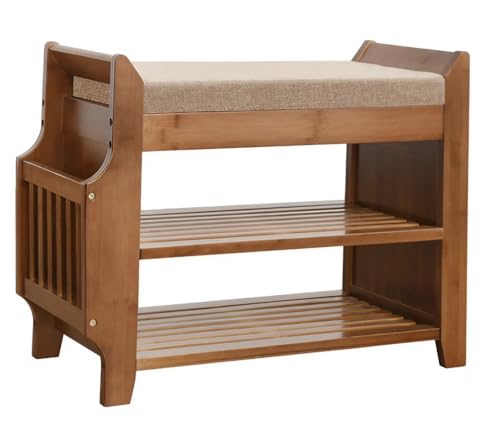 Schuhbank mit Kissen für Eingang, schuhschrank bambus mit Weichem Sitzkissen und 1 Schublade, Schuhablage mit 3 Etagen, Schuh-Organizer für Eingangsbereich, Bad, Wohnzimmer, Flur, natürlich(60x29x49CM