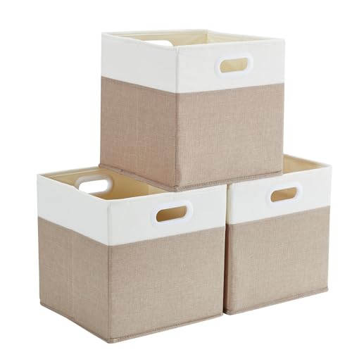 Mangata Aufbewahrungsbox 33x33x33 cm, faltenfrei Stoff Aufbewahrungskörbe für Kleiderkörbe, Körbe, Truhen, Spielzeug (3 er, Helles Khaki/Beige Weiß)