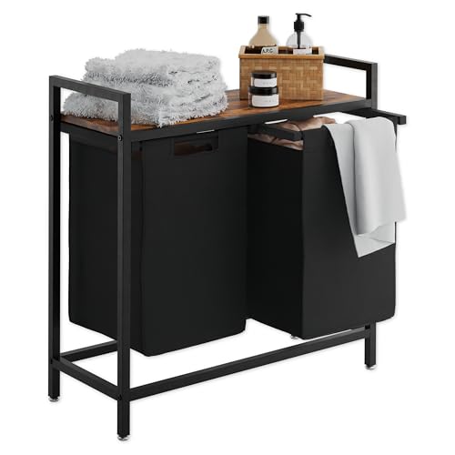 Lenmar, LS1, Wäschekorb 2 Fächer, Wäschesammler mit Ablage, Wäschebox, abnehmbare Taschen, Wäschesack aus Oxford-Gewebe, abnehmbar, Metallrahmen, 48 Liter x 2, 73 x 30 x 73 cm, Braun+schwarz