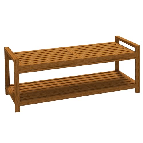 Outsunny Schuhbank mit Armlehnen, Outdoor Sitzbank, Holzbank mit Schuhablage für 2 Personen, für In- & Outdoor, bis 250 kg belastbar, 118 x 40,5 x 46 cm, Teak