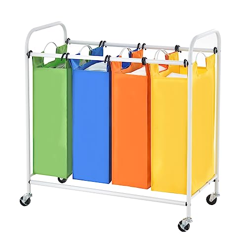 LIFEZEAL Wäschekorb 4 Fächer, 136L Wäschesammler mit Rollen, Mobiler Wäschesortierer Wäsche-Sortiersystem, Wäschebox mit Abnehmbare Stofftaschen für Badezimmer, Schlafzimmer