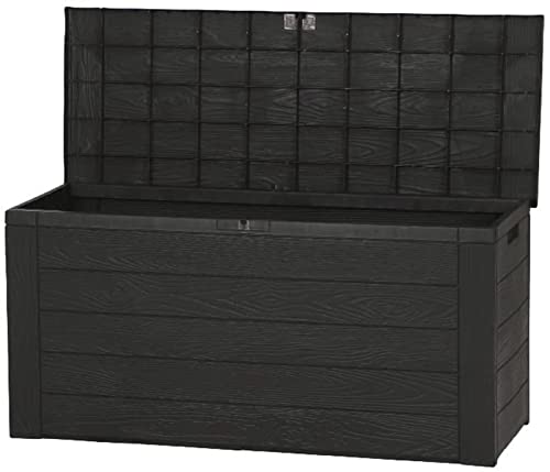 Spetebo Garten KIssenbox für Auflagen in Holz Optik - ca. 120 x 58 x 48 cm - Kunststoff Auflagenbox mit Deckel 300 Liter anthrazit/braun - Garten Truhe Box