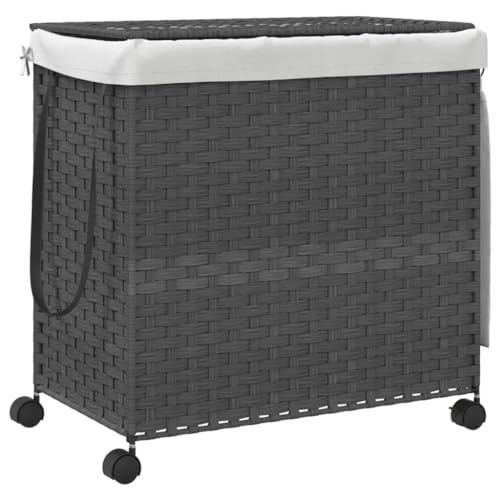 vidaXL Wäschekorb, Wäschesammler mit Rollen Deckel, Klappbar Wäschebox mit 3 Fächern Innentasche, Wäschetruhe Wäschetonne, Grau 60x35x60,5cm Rattan