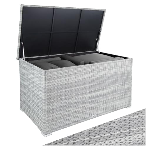 tectake® Aluminium Polyrattan Aufbewahrungsbox mit Deckel, 750L, Gartenkiste wetterfest, Gartenbox mit Gasdruckfedern, Garten Auflagenbox, UV-beständig, rostfrei, Stauraum, 145x82,5x79,5 cm - hellgrau