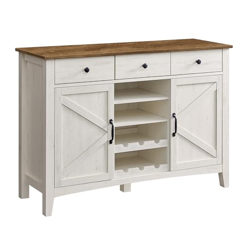VASAGLE Küchenschrank mit herausnehmbarem Weinregal, Sideboard mit Schubladen und Türen, verstellbare Ablagen, Landhausstil, für Wohnzimmer Küche Esszimmer, vintageweiß-honigbraun BBK371W02