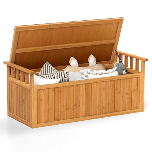 COSTWAY Gartenbox aus Holz, 209 L, Auflagenbox mit Armlehnen & Deckel & Griff, 2-Sitzer Bank, Gartenbank mit Stauraum, Aufbewharungsbox Outdoor, für Garten Terrasse, 128 x 58 x 53 cm, Natur