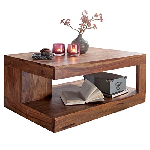 FineBuy Couchtisch Massiv-Holz 90 cm Design Wohnzimmer-Tisch dunkel-braun Landhaus-Stil Beistelltisch Farbe wählbar