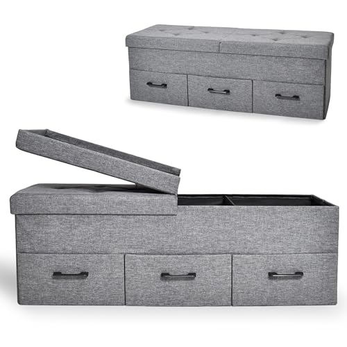 Onbest Sitzbank mit Stauraum - mit praktischen Stauraum - klappbaren Deckel & Schubladen - Aufbewahrungsbox in Grau - gepolstert - ideale Möbel für Wohnzimmer, Flur und co. (3 Schubladen)