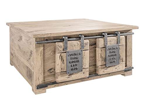 MASSIVMOEBEL24.DE | Railway Truhe aus Massivholz - whitewashed, lackiert | aus Mangoholz | viel Stauraum | mit Deckel | 90x90x45 | Aufbewahrungsbox Holztruhe Sitztruhe