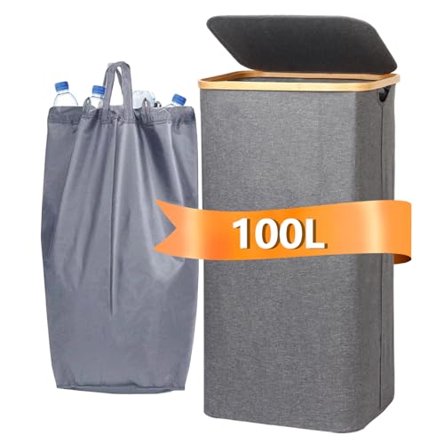 Pfandflaschen Sammelbehälter Grau - 100L herausnehmbaren Wäschesack Wäschesammler schmal mit Deckel - Wäschebox Waschekorbsammler Wäschesortierer-pfandfla schen sammelbehälter