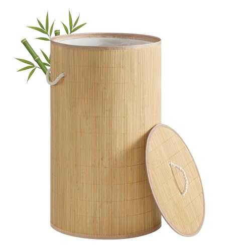 SONGMICS Wäschekorb mit Deckel, 90 L, Wäschesammler Bambus, rund, Wäschebox mit Griffen, faltbar, Wäschesack herausnehmbar maschinenwaschbar, naturfarben LCB078YZ01