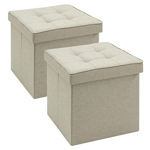WOLTU 2er Set Sitzhocker mit Stauraum Sitzwürfel Sitzbank Faltbar Truhen Aufbewahrungsbox, Deckel Abnehmbar, Gepolsterte Sitzfläche aus Leinen, 37,5x37,5x38CM(LxBxH), Beige