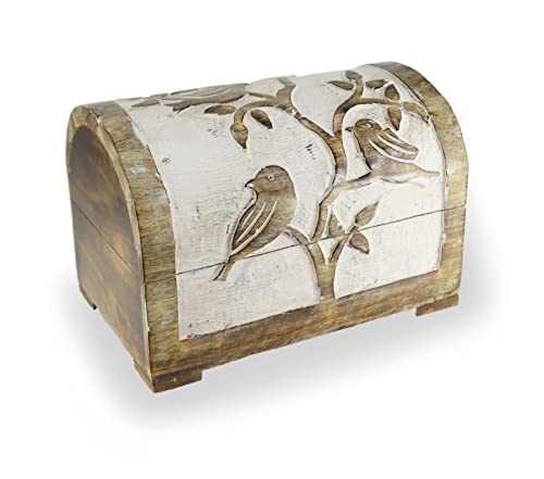 Budawi® Holztruhe Holzbox Holzkiste aus Mangoholz weiß gekalkt groß Motiv Vögel Schatulle Schatzkiste
