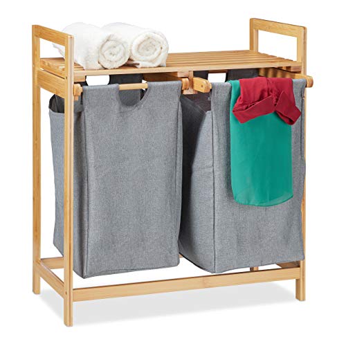 Relaxdays Wäschekorb mit Ablage, 2 Fächer, 2x 30 l Wäschesäcke, Bambus Ausziehwäschekorb HBT 73 x 64 x 33 cm, natur/grau, 1 Stück