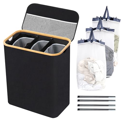 BRIAN & DANY Wäschekorb 3 Fächer mit Deckel Wäschesammler Wäsche Sortiersystem Herausnehmbaren Wasserabweisender Faltbarer Wäschebox Schmal Laundry Basket 145L für die Familie Schwarz