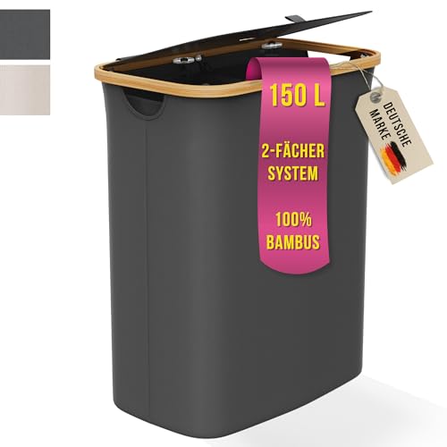 Wäschekorb mit 1 Deckel 2 Fächer 150 Liter Bambus-Stoff Grau Gross XXL - Wäschekorb Grau Dunkelgrau Anthrazit Wäschesammler mit Deckel Wäschepuff Laundry Baskets Wäsche Sortierer | Celeko Dunkel