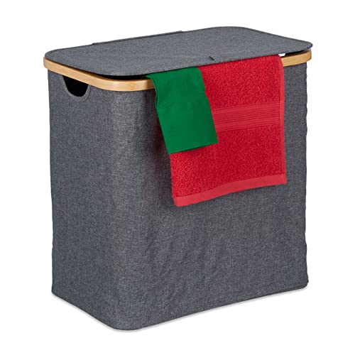 Relaxdays Wäschekorb mit Deckel, 60 l, Wäschesammler, Bambus & Polyester, tragbar, atmungsaktiver Wäschesack, grau/Natur