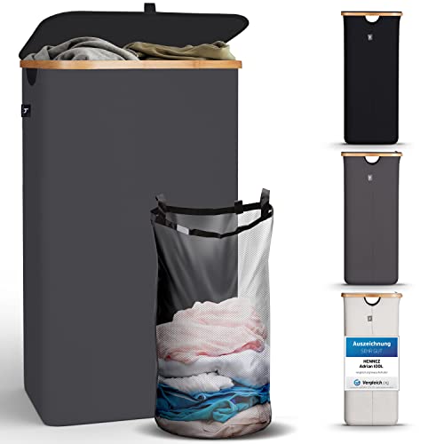 HENNEZ 100L Wäschekorb Deckel Grau   herausnehmbaren Wäschesack Wäschesammler schmal Deckel   Wäschebox Waschekorbsammler Wäschesortierer   Wäschetruhe Wäschekörbe laundry baskets Wäsche Korb