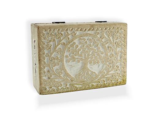 Budawi® Holztruhe aus Mangoholz Motiv Lebensbaum Holzbox Holzkiste Schmuckkästchen Schatulle weiß gekalkt