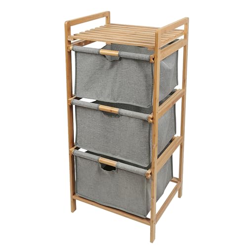 XUANYU Bambus Wäschekorb 3 Fächer Wäschesortierer aus Bambus und Stoff Wäschesammler mit 3 Ablagen Faltbare Wäschebox Stoff 3×24 Liters 44×33×96 cm/17,3 ×13 ×37,8  Grau-holz