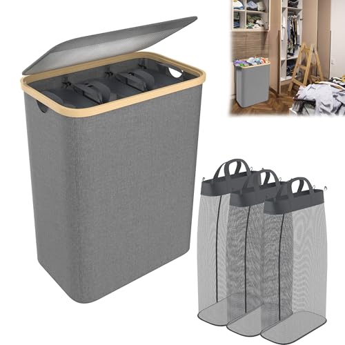 YRHome Wäschekorb mit Deckel 140L 3 Fächer Wäschesack Wäscheboxen Wäschetonne Wäschesortierer Wäschetruhe Waschekorbsammler mit Griffen Laundry Baskets Wäscheschrank für Schlafzimmer - Grau