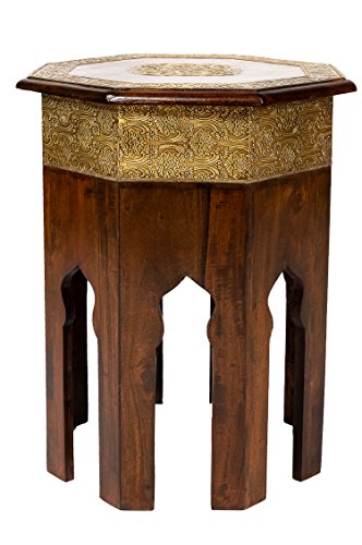 Marokkanischer Beistelltisch Couchtisch aus Holz massiv Oriental 52 cm | Vintage Tisch aus Massivholz mit Messing verziert für Ihr Wohnzimmer | Niedriger Orientalischer Sofatisch Massivholztisch Braun