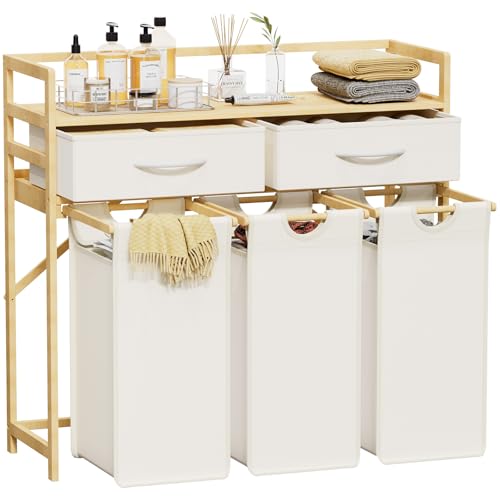 Lifewit Wäschekorb 3 Fächer, 150L Wäschesammler mit Ablage und 2 Schubladen, Wäschesortierer, Wäsche Sortiersystem, Wäschetonne, Wäschetruhe mit Abnehmbarer Wäschesack, Weiß