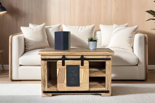 SAM Truhe Libro, Akazienholz massiv + naturfarben, Couchtisch mit Holzschiebetür, 3 offenen Fächern, Türelemente & Reling aus Eisen, 75 x 47 x 50 cm