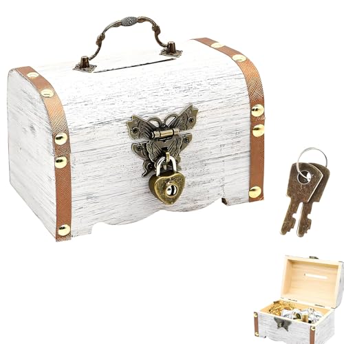 Schatztruhe Kindergeburtstag, Weiße Schatztruhe Holz,Schatzkiste Kindergeburtstag, Schatzkiste Holz, Abschließbare Box Holztruhe mit Deckel Kiste mit Schloss Box mit Schloss Holzkiste mit Deckel
