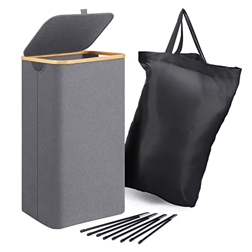 BRIAN & DANY Wäschekorb mit Deckel, Wäschebox Faltbar Wäschesammler Schmal mit Herausnehmbarem Wäschesack, Laundry Baskets Wäschepuff, Grau, 70x 39x 29 cm