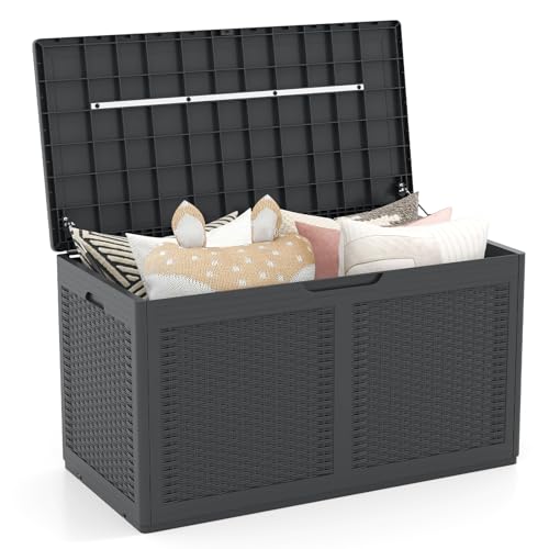 HOMASIS 380L Auflagenbox mit Rollen, XXL Gartenbox aus PP-Rattan wetterfest, abschließbar Aufbewahrungsbox mit Deckel, Kissenbox Kissentruhe Auflagentruhe Gartentruhe, 111 x 56 x 61 cm (Grau)
