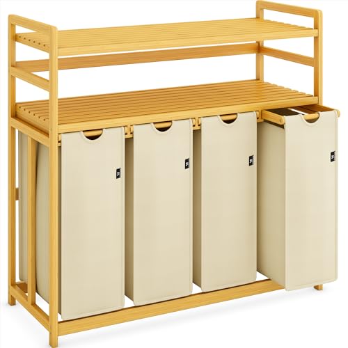 AdelDream Wäschekorb Wäschesortierer mit Regalen wäschesammler 4 Fächer 2 Ablagen Wäschebox Bambus Wäschesack ausziehbar und abnehmbar Laundry Basket 200L Beige