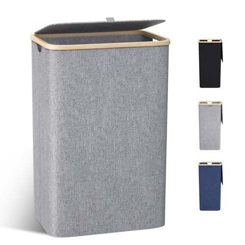 Wäschekorb mit Deckel 100L, Wäschesammler Groß schmal mit herausnehmbaren Wäschesack Laundry Baskets Wäscheschrank Wäschetruhe Wäschetonne für Schmutzwäsche Grau